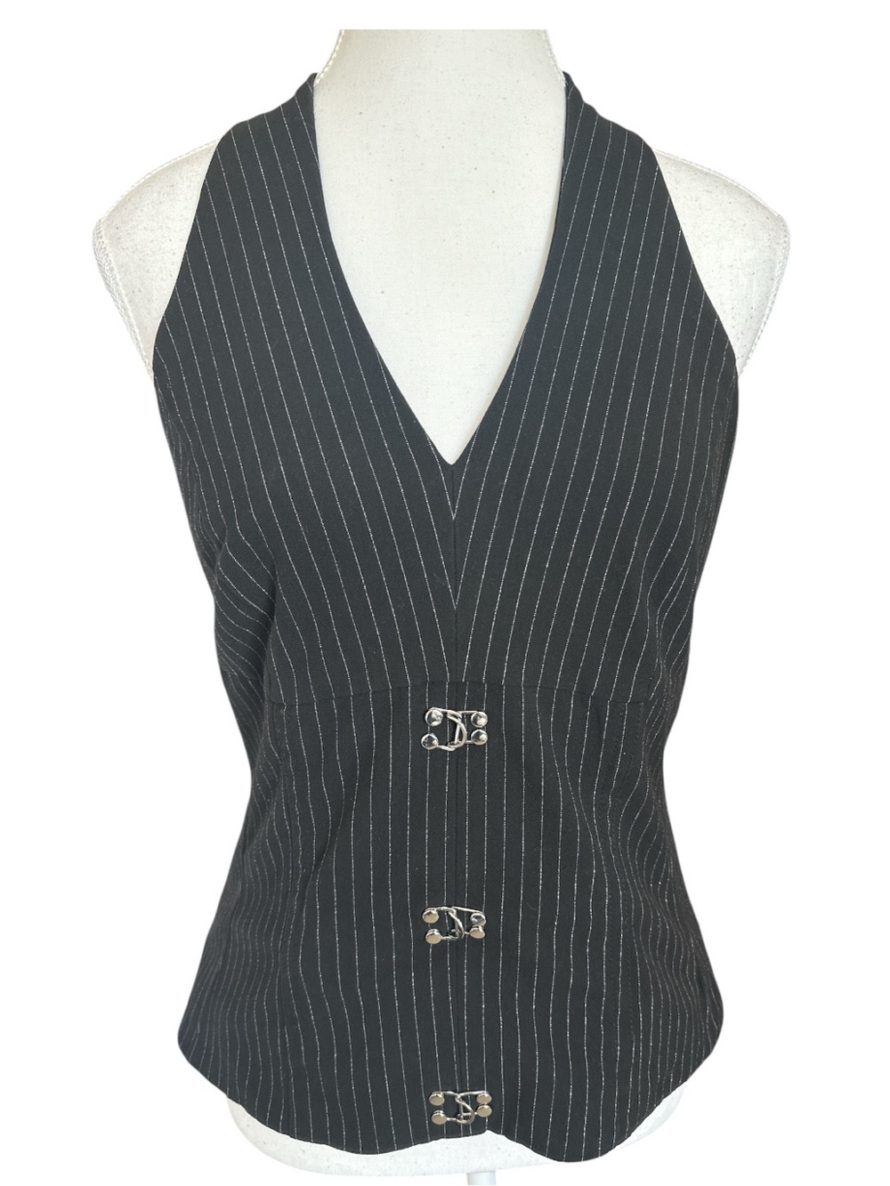 White House Black Market Pinstriped Hook & Eye Halter Top Size 4 - Picture 2 of 9